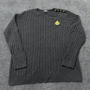 Chaps Sweater Womens 2X Black Cable Knit Embroidered Crest Shoulder Buttons